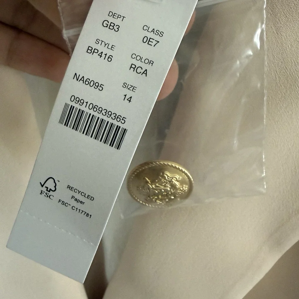 J. Crew Women's Willa City Crepe Blazer Jacket Size 14 Gold Button Light Khaki